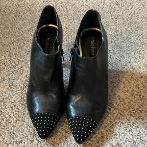 Black Studded Pointed Toe Leather Ankle Booties